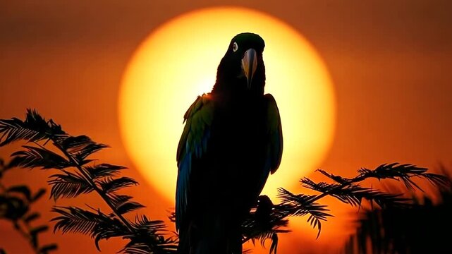 Silhouette of a parrot at sunset in a tropical landscape