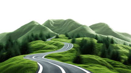 Road in the green mountains forest isolated on transparent white background, clipping path
