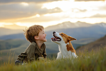 Young boy and his dog sharing a joyful moment in a scenic mountain landscape during sunset, capturing the beauty of nature and friendship
