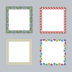 Vector colorful painting rectangle frame set, blank picture frame mockup, realistic frames for paintings, set of frame and black round ink stains, Lines and Drips Black ink splatters