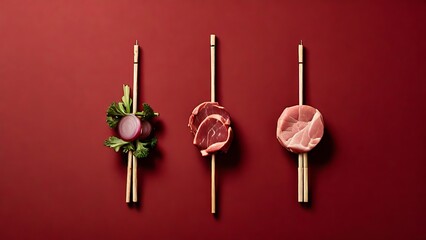 Skewered meat, cucumber slices, cherry tomato on a red background. Perfect for food blogs, menu designs, recipe cards, and social media posts.
