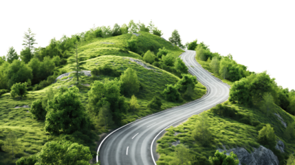 Road in the green mountains forest isolated on transparent white background, clipping path