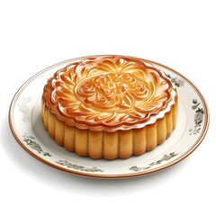 Delectable Mooncake on Porcelain Plate   Exquisite Chinese Festival Dessert Captured in Rendering Isolated on a Clean White Background