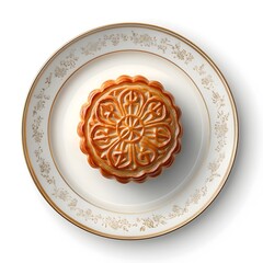Exquisitely Rendered Mooncake a Quintessential Chinese Festival Dessert Elegantly Displayed on a Porcelain Plate Against a Pristine White Background