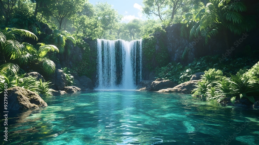 Canvas Prints Lush verdant rainforest with a majestic waterfall cascading into a crystal clear azure pool  rendering showcasing the natural beauty and serenity of this untouched wilderness paradise