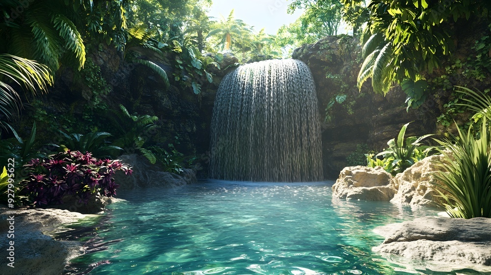 Poster breathtaking 3d rendered image of a lush green rainforest with a magnificent waterfall cascading int