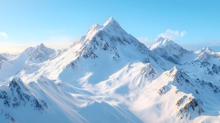 Obraz premium Ethereal and snow capped mountain peaks reaching towards the crisp clear blue skies with sunlight glistening off the icy surfaces in a breathtaking serene landscape