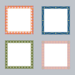 Vector colorful painting rectangle frame set, blank picture frame mockup, realistic frames for paintings, set of frame and black round ink stains, Lines and Drips Black ink splatters