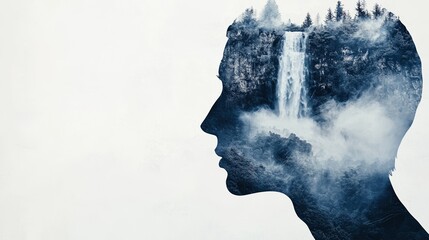 A creative silhouette of a person merged with a serene waterfall landscape, symbolizing introspection and nature's beauty.