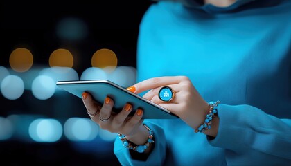 Businesswoman intensely analyzing financial figures on a tablet, modern office setting, precision and business success, High dept of field