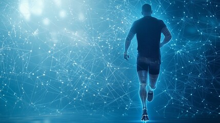 Fototapeta premium A determined athlete runs forward, enhanced by futuristic technology, symbolizing progress and strength in sports.