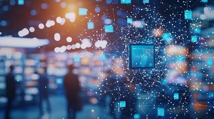 A digital network visualization showcasing connectivity, technology, and innovation in a vibrant, blurred background atmosphere.