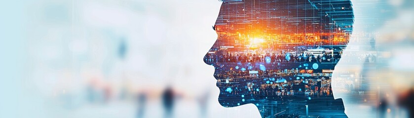 A double exposure of a person's profile merged with a vibrant cityscape, symbolizing innovation and modernity.