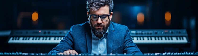 Obraz premium A focused musician composes music in a studio, surrounded by keyboards and ambient lighting, showcasing creativity and passion.