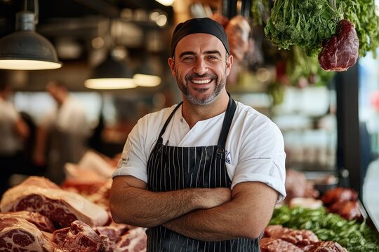 Smiling butcher in apron at his stall. Perfect for showcasing fresh meat and quality food.
