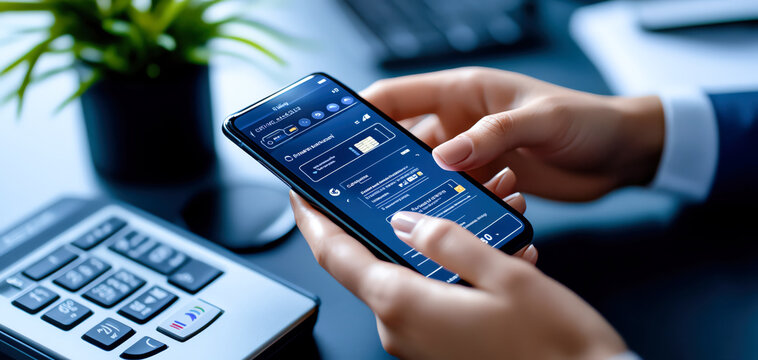 Close-up of a person using a smartphone in an office setting, showcasing digital interaction and modern communication technology.