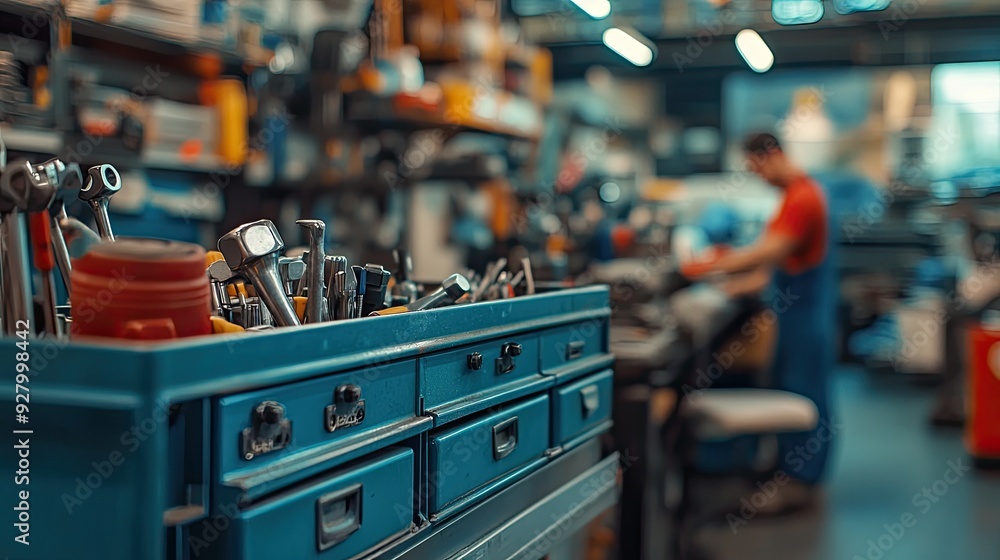 Poster blue toolbox with various tools. this photo depicts a workplace with a toolbox filled with tools, re