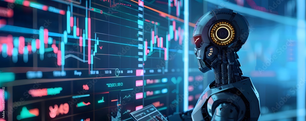 Aufkleber a robot analyzing stock market data on a large screen