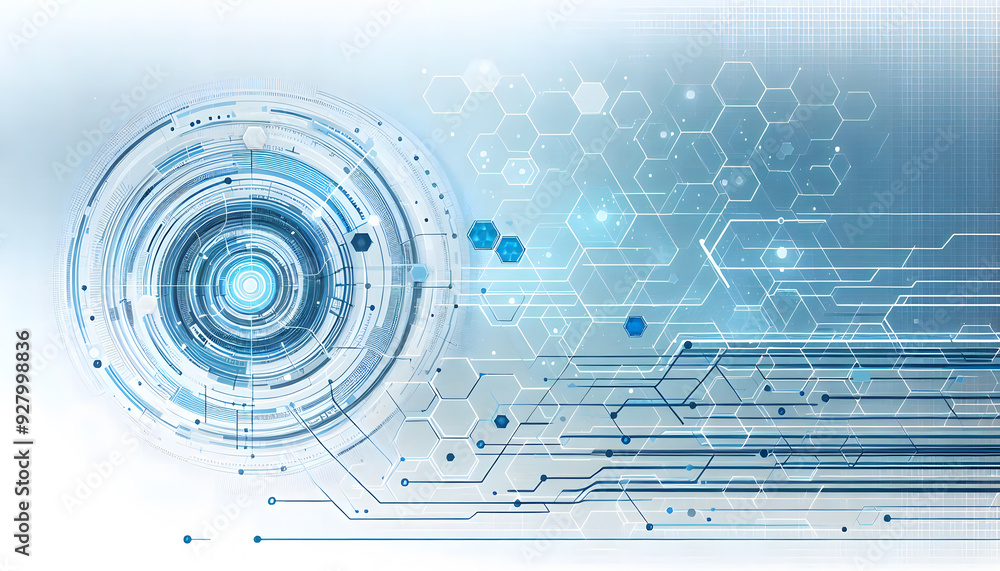Poster clean technology background with blue hexagon pattern and connection lines on the left side.