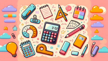 Colorful background with various school supplies such as calculator ruler pencil eraser and sticky notes.