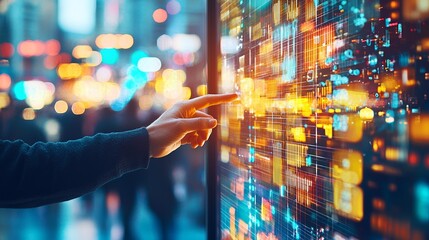 A hand pointing at a digital screen displaying vibrant, colorful data visuals in a modern urban setting.