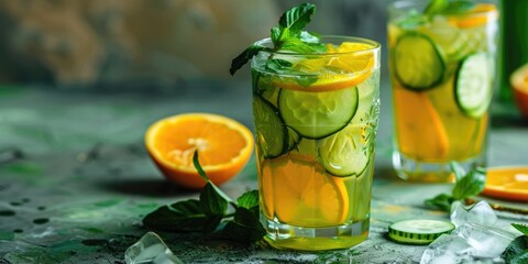 Fototapeta premium Chilled Cucumber Orange Iced Tea Served in Glasses with Copy Space