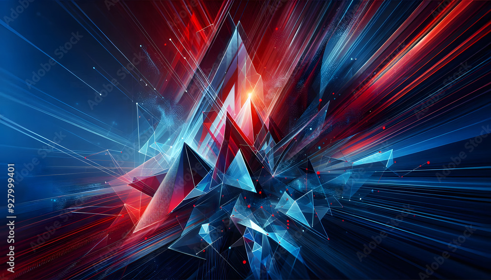 Poster dynamic composition of red and blue triangular fabric