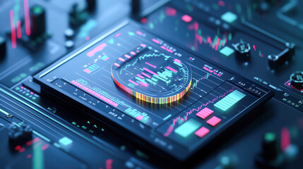 Obraz premium Futuristic digital dashboard displaying vibrant data analytics and statistics in a modern user interface design.