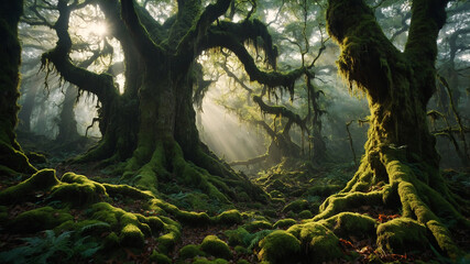 Ancient old forest with eerie mossy old trees