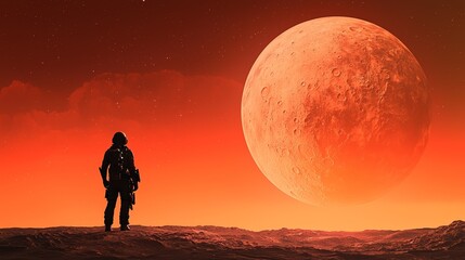 Fototapeta premium A lone figure stands on a barren landscape, gazing at a massive red moon in a surreal orange sky, evoking a sense of wonder.