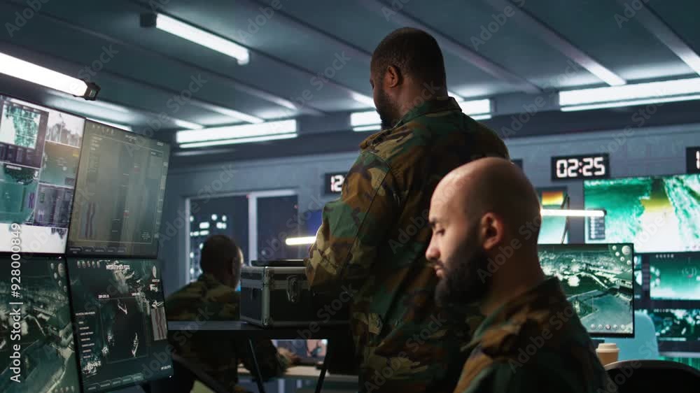 Poster military officer using tracking software to be able to offer info to front lines commander. army exp