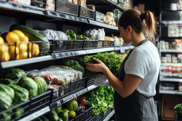 Woman examining produce in a grocery store. This photo depicts a woman shopping for fresh vegetables, highlighting healthy eating habits and food choices.