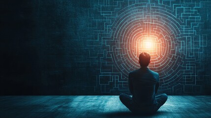 Obraz premium A person contemplating in front of a mysterious maze, symbolizing exploration, insight, and the journey towards enlightenment.