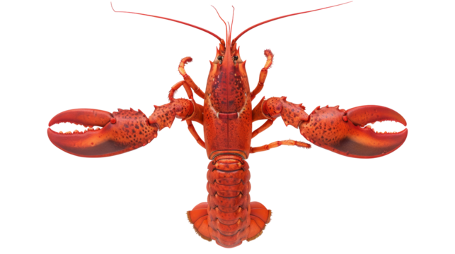 Closeup of a fresh, cooked lobster with claws spread wide, viewed from above against a transparent background.