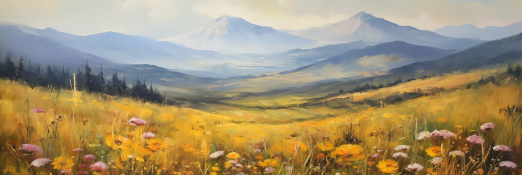Art oil painting with meadow mountain flowers in spring
