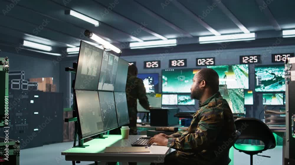 Poster military agent working in control room, analyzing aerial reconnaissance data and talking with collea