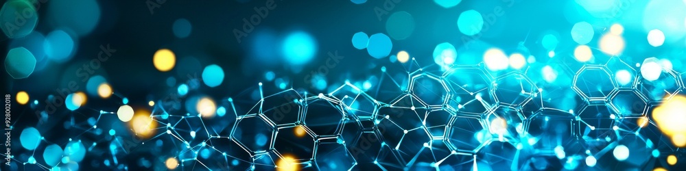 Wall mural an abstract blue and green technology background with hexagons and geometric shapes with blur.