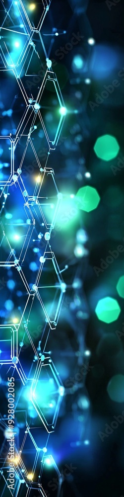 Wall mural an abstract blue and green technology background with hexagons and geometric shapes with blur.