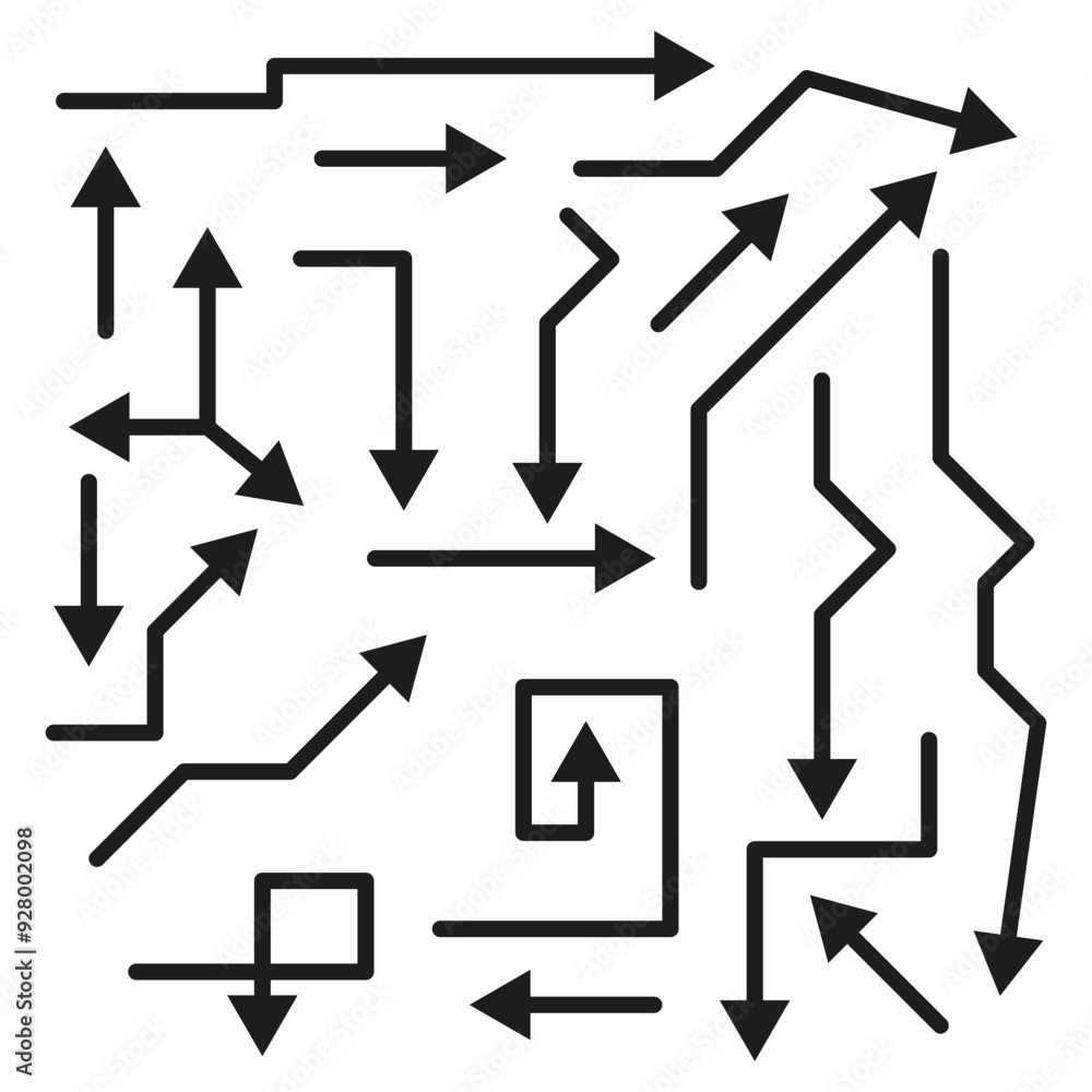 Poster abstract arrow pattern. directional symbols in random layout. black vector illustration. geometric a