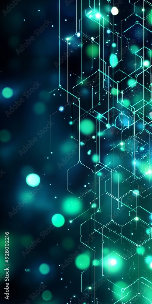 Wall mural an abstract blue and green technology background with hexagons and geometric shapes with blur.