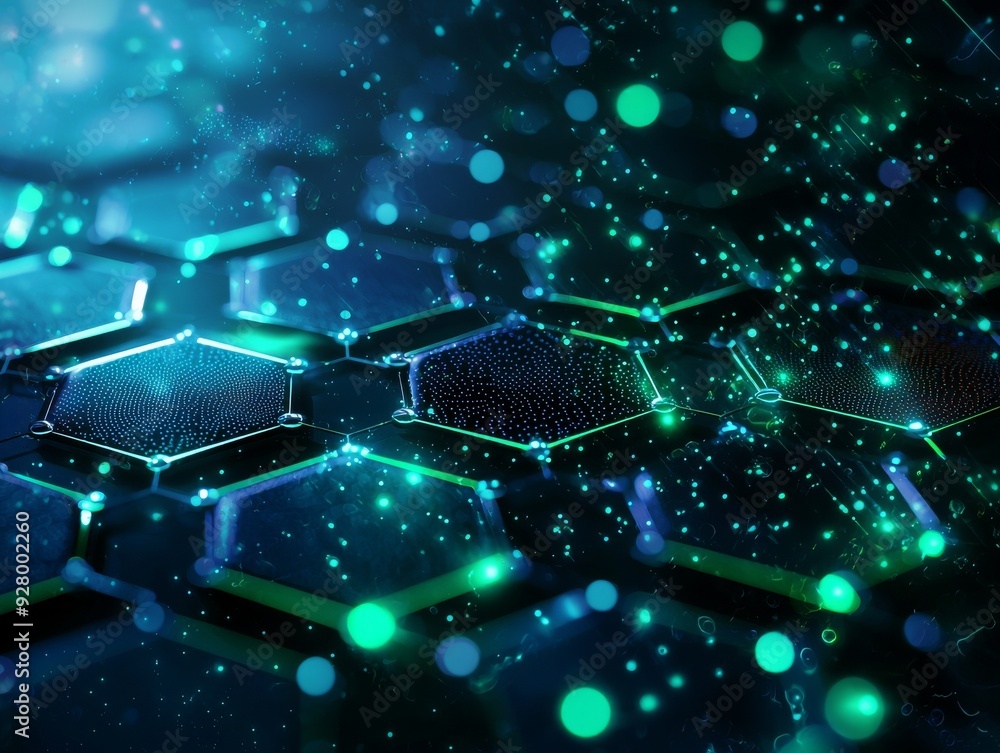 Wall mural an abstract blue and green technology background with hexagons and geometric shapes with blur.