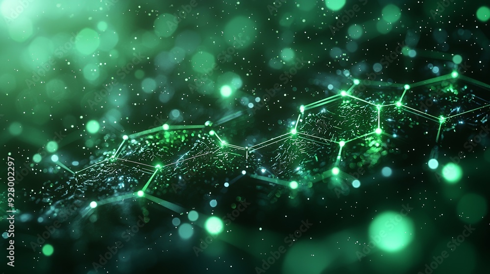 Wall mural an abstract blue and green technology background with hexagons and geometric shapes with blur.