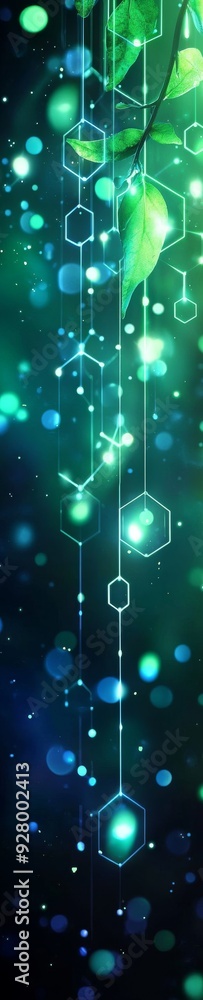 Wall mural an abstract blue and green technology background with hexagons and geometric shapes with blur.