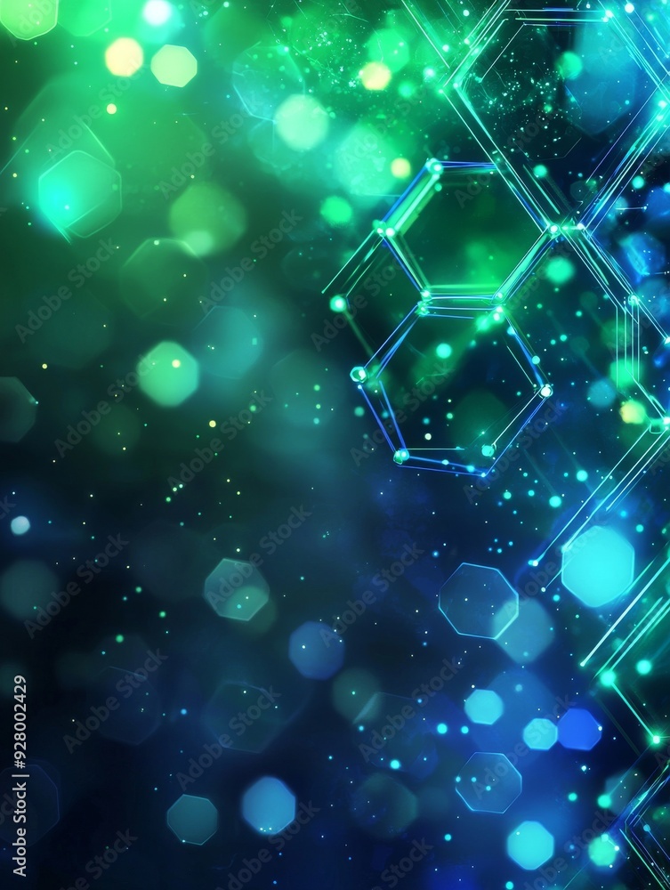 Wall mural an abstract blue and green technology background with hexagons and geometric shapes with blur.
