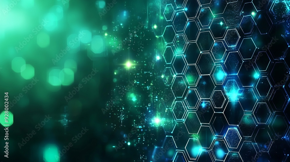Wall mural an abstract blue and green technology background with hexagons and geometric shapes with blur.