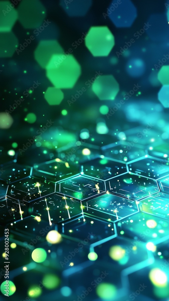Wall mural an abstract blue and green technology background with hexagons and geometric shapes with blur.