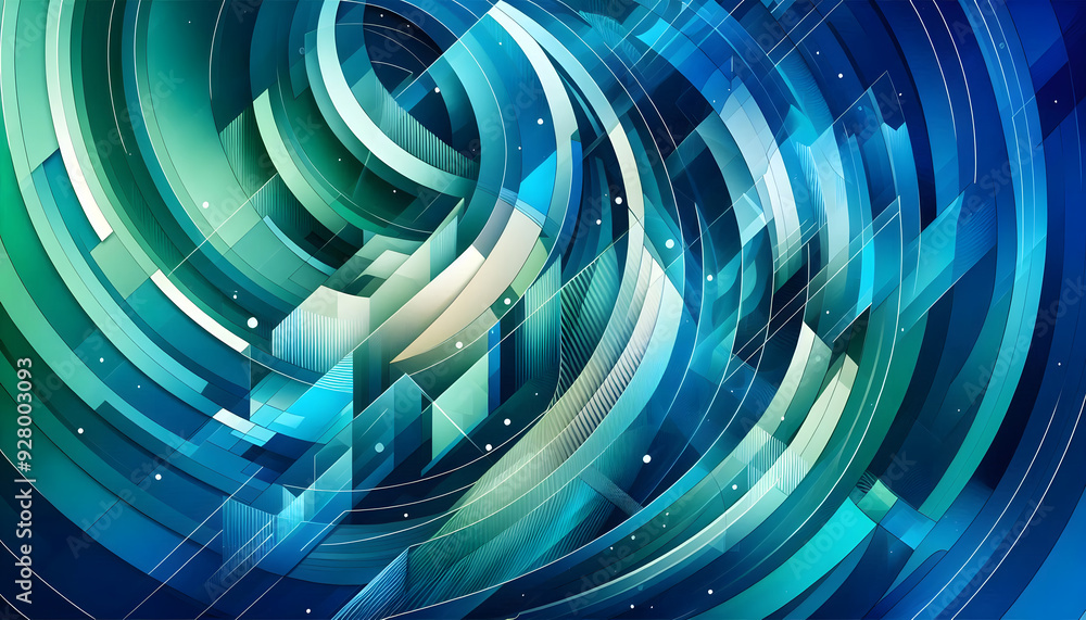 Poster abstract background with overlapping geometric shapes in shades of blue and green, creating a sense