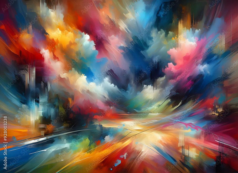 Poster bright and abstract background with brush strokes and mixed colors, creating a lively mood.