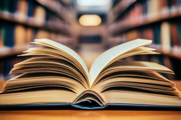 Fototapeta premium book with open pages, close up, books on the shelf in school, open book on wooden table. back to school concept with generative ai