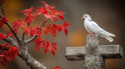 Hope Springs Eternal: A Resilient Tree with Crimson Leaves and a Peaceful Dove Nestled on a Rustic Cross Against a Bleak Autumn Sky.enhances the spiritual message of renewal and peace.